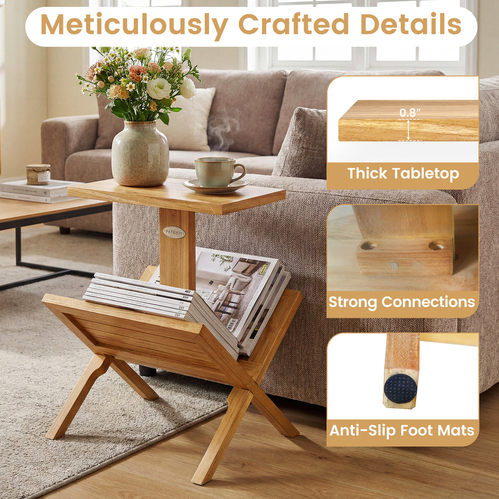 2-tier side table with teak wood frame, thick tabletop, and magazine rack, perfect for living room or bedroom use.