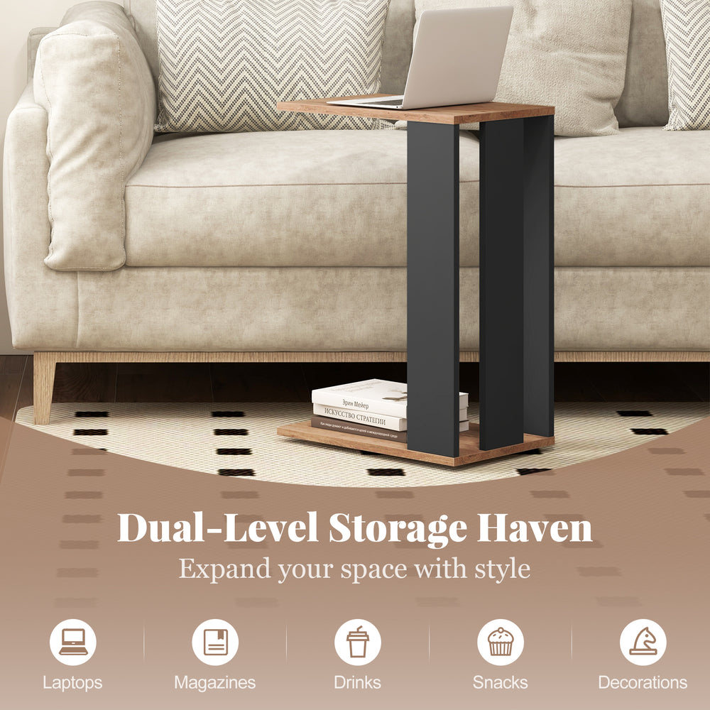 C-shaped 2-tier side table in rustic brown with wheels, perfect for drinks, snacks, or as a nightstand in any room.