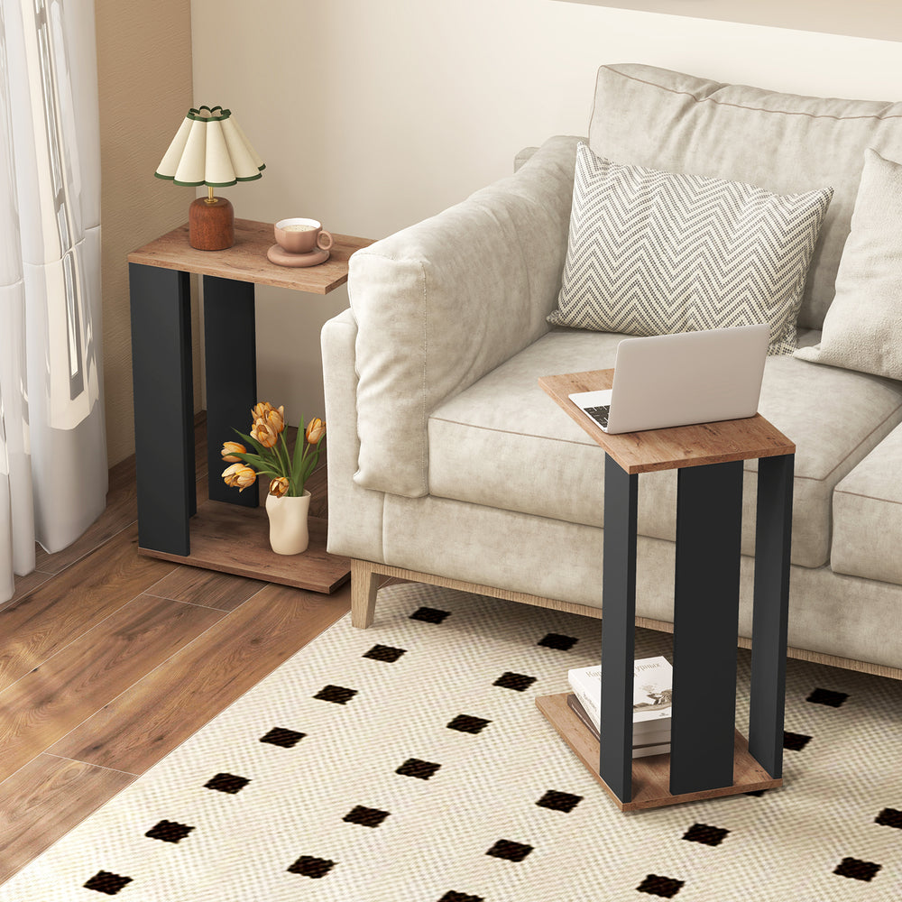 C-shaped side table in rustic brown with universal wheels, perfect for living room or bedroom use.