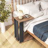 C-shaped side table in rustic brown with dual-level storage and wheels, perfect for bedside or living room use.