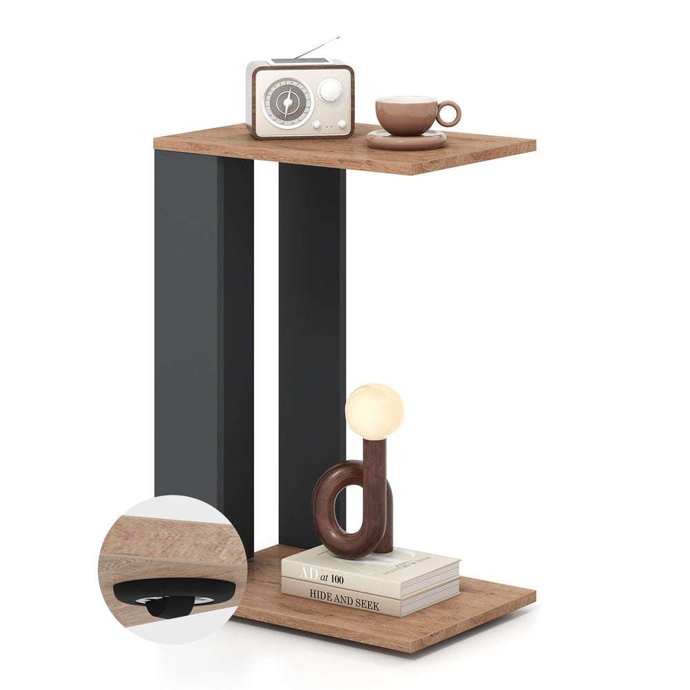 C-shaped 2-tier side table in rustic brown with universal wheels, perfect for living room or bedroom storage.
