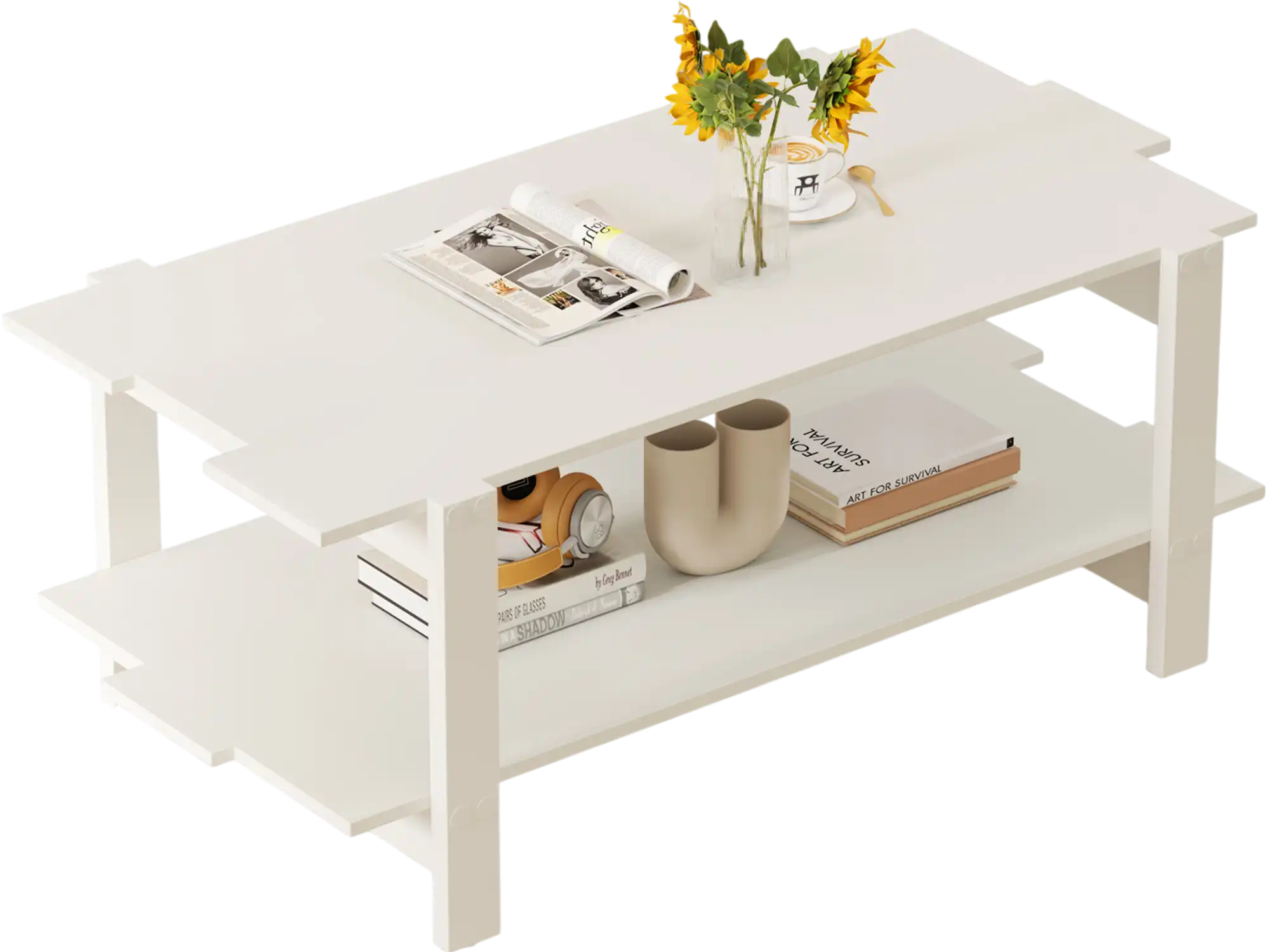 Costway 2-Tier Slatted Wood Coffee Table w/ Storage Shelf White 637521489 New