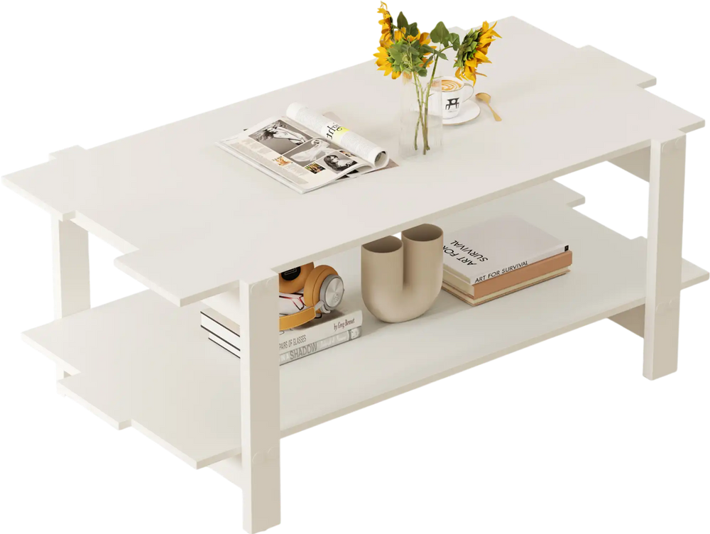 White 2-tier coffee table with slatted surface and storage shelf, ideal for living room or reception area.