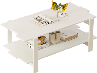 Costway 2-Tier Slatted Wood Coffee Table w/ Storage Shelf White 637521489 New