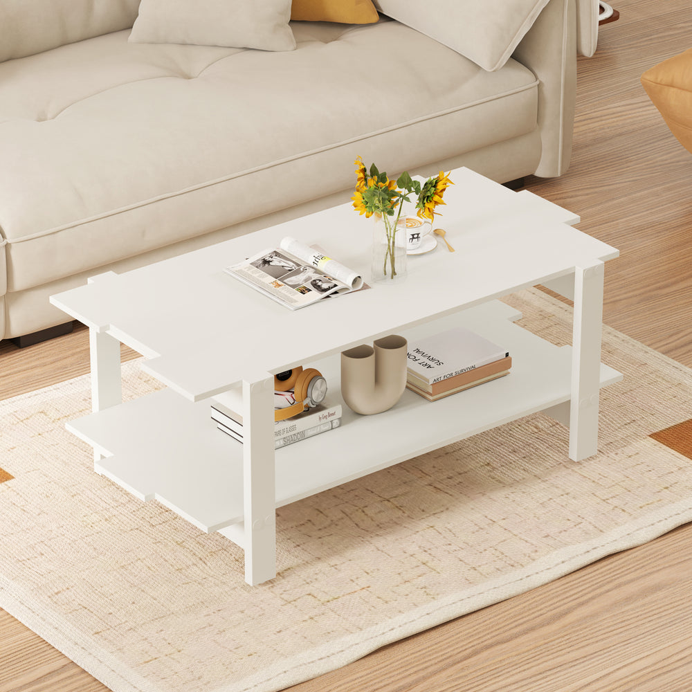 2-Tier Coffee Table Slatted Wood Center Table with Storage Shelf-White - Gallery View 1 of 10