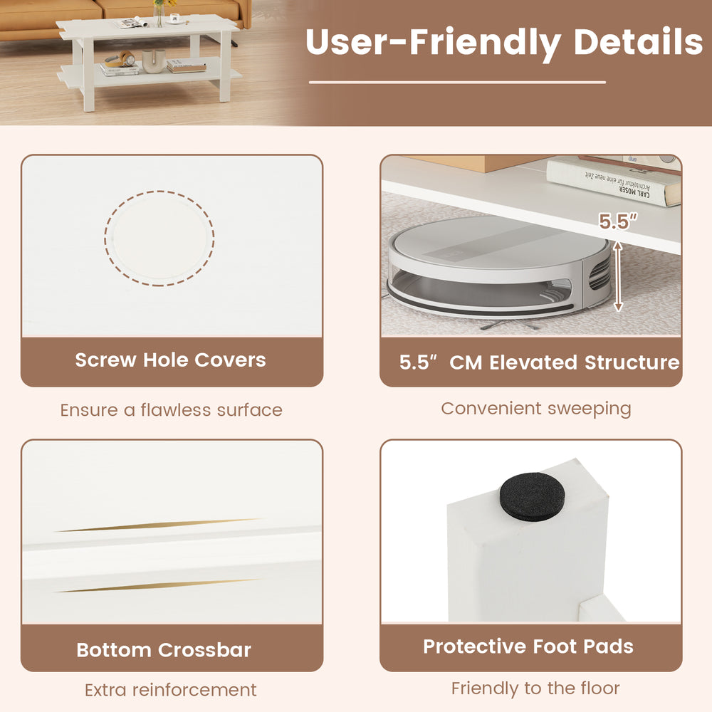 5.5" elevated slatted wood coffee table with storage shelf, screw hole covers, and protective foot pads for floor.
