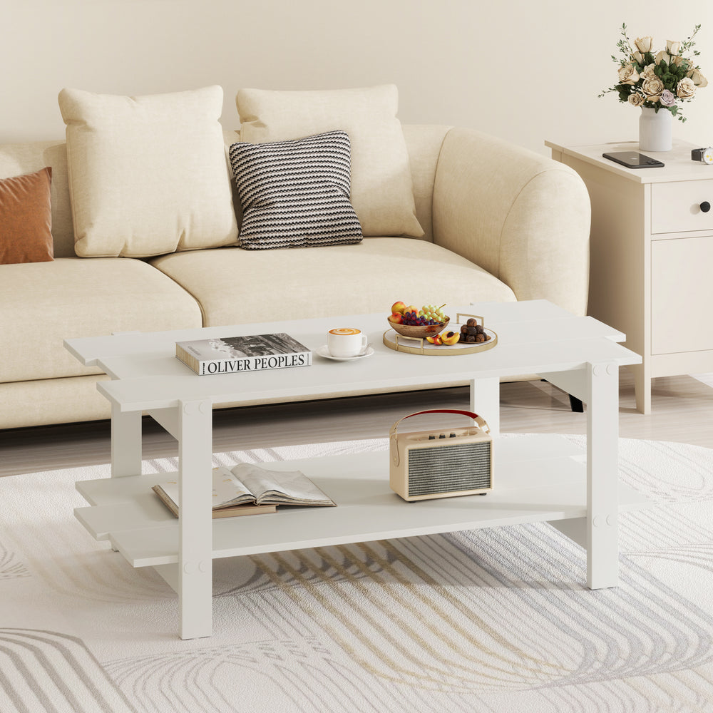 White 2-tier coffee table with slatted surface and storage shelf, perfect for living room or reception area.