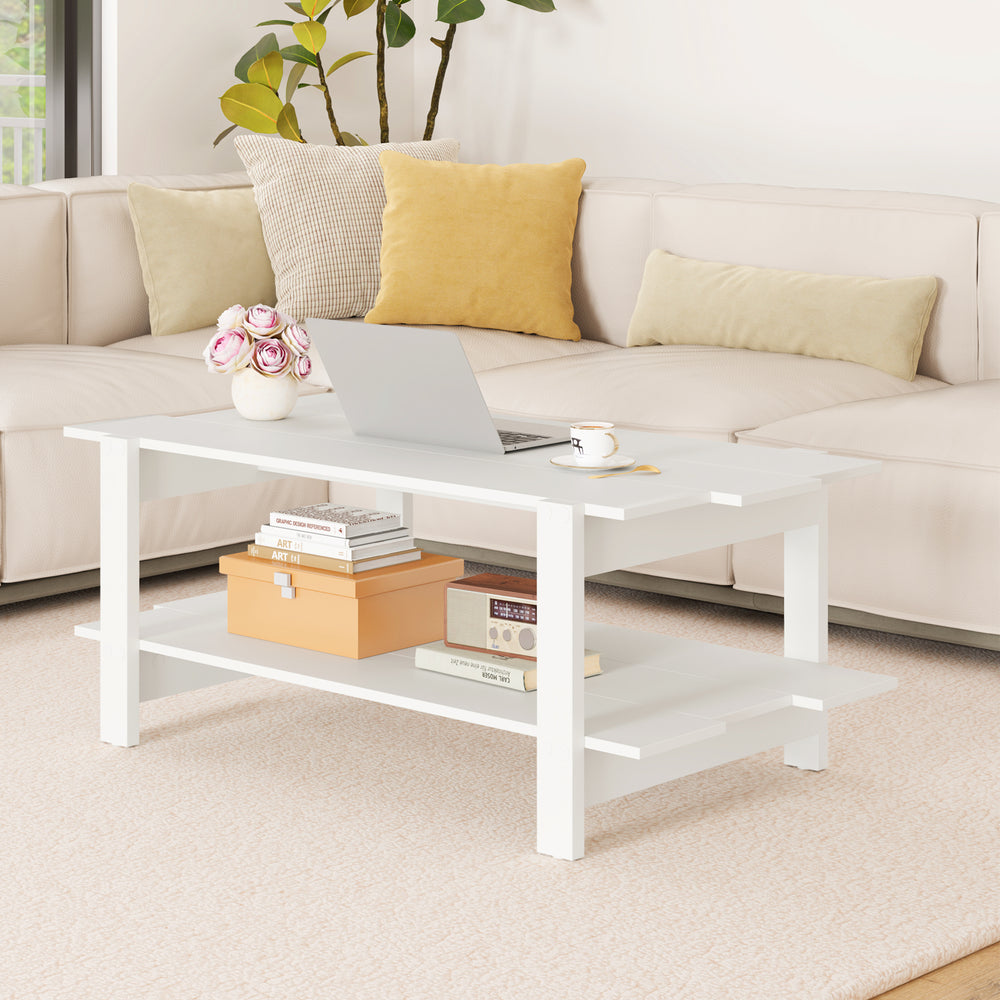 White 2-tier coffee table with slatted surface and storage shelf, ideal for living room or waiting area.