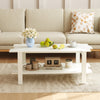 White 2-tier coffee table with slatted surface and storage shelf, perfect for living room decor and organization.