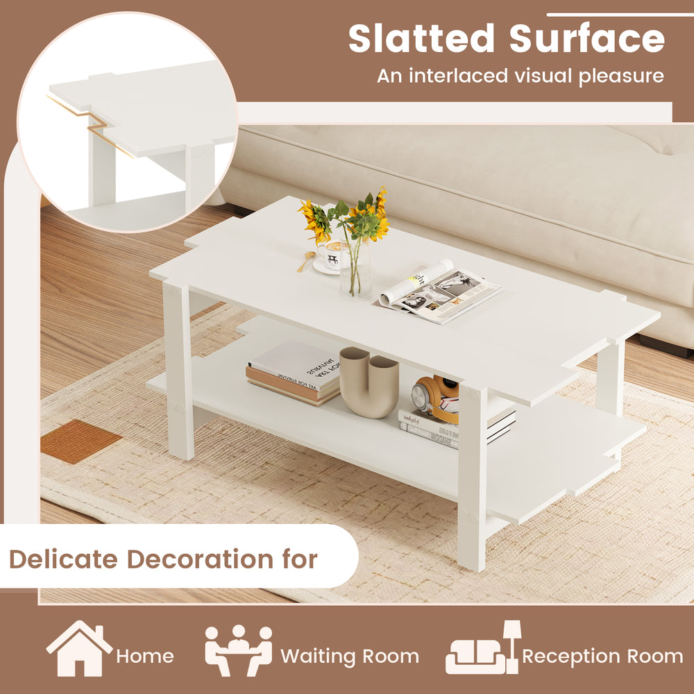 White 2-tier coffee table with slatted surface and storage shelf, perfect for home or reception room decor.