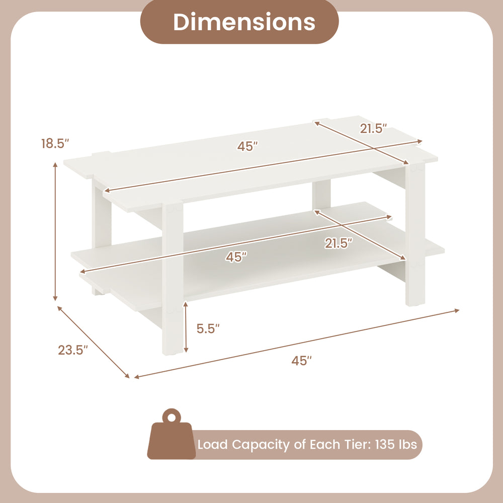 2-tier coffee table with slatted wood design, white finish, dimensions 45"x21.5"x23.5", ideal for living room storage.