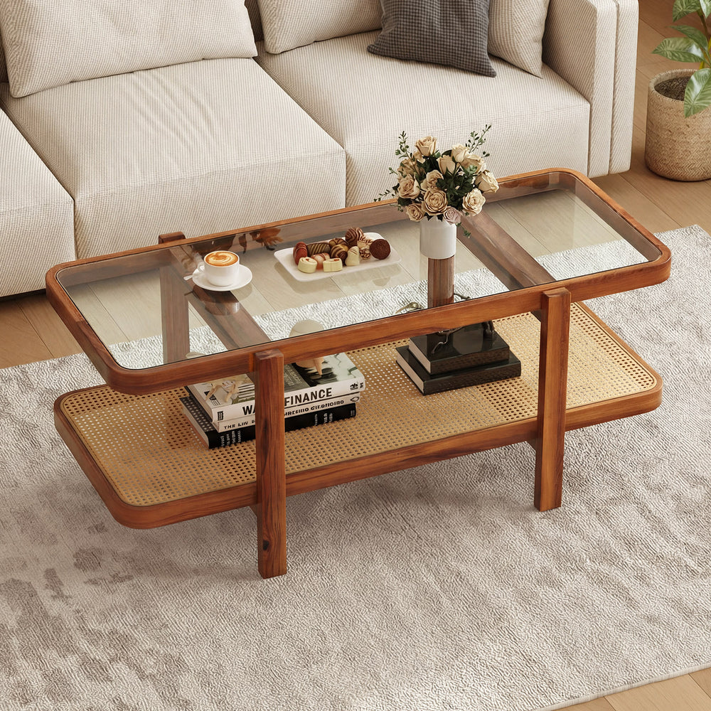 2-Tier Coffee Table with Storage and Tempered Glass Tabletop-Coffee - Gallery View 1 of 11