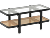 2-tier coffee table with tempered glass top and acacia wood frame, featuring a storage shelf for organized essentials.