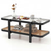 2-tier coffee table with tempered glass top and acacia wood frame, featuring PE rattan storage for stylish organization.