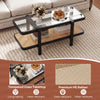 2-tier coffee table with tempered glass tabletop, black acacia wood frame, and premium PE rattan for stylish storage.