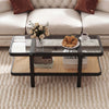 2-tier coffee table with tempered glass tabletop and acacia wood frame, featuring a rattan shelf for stylish storage.