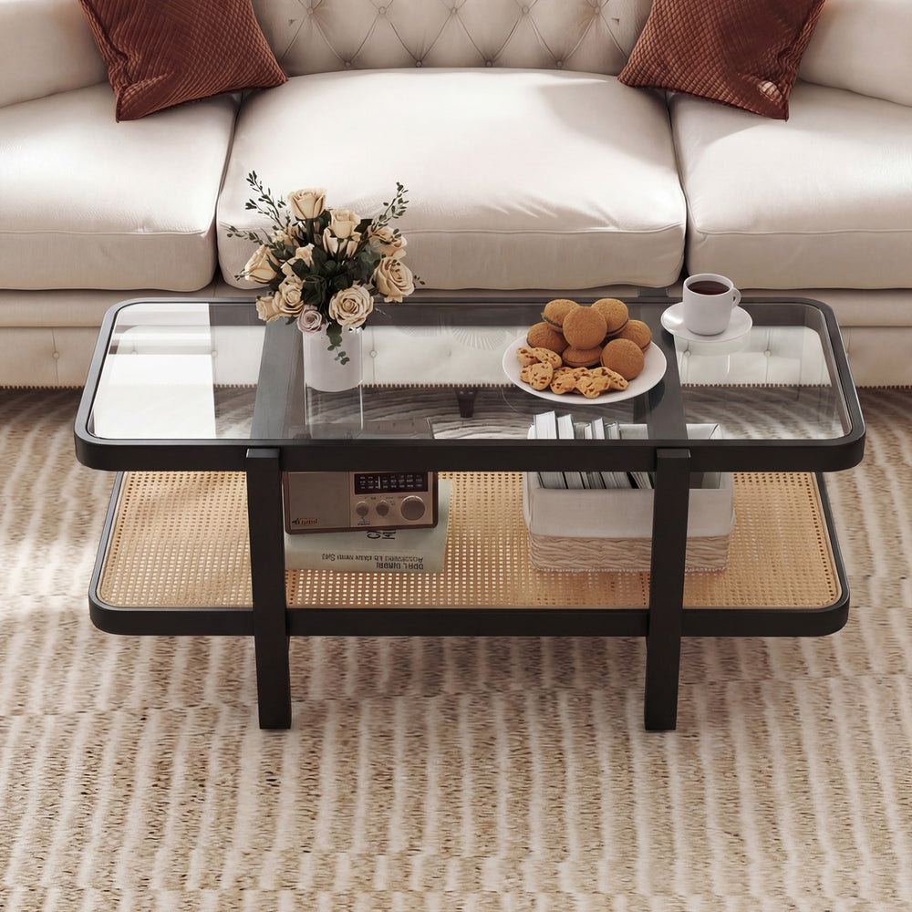 2-tier coffee table with tempered glass tabletop and acacia wood frame, featuring a rattan shelf for stylish storage.