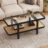 2-tier coffee table with black acacia wood frame and tempered glass top, featuring a rattan shelf for stylish storage.