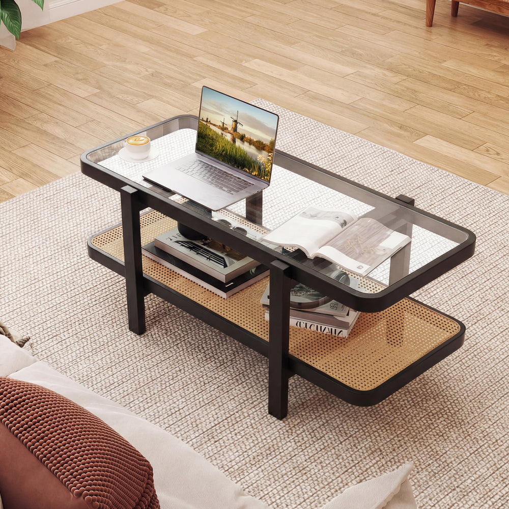 2-tier coffee table with tempered glass top and acacia wood frame, featuring a storage shelf for versatile organization.