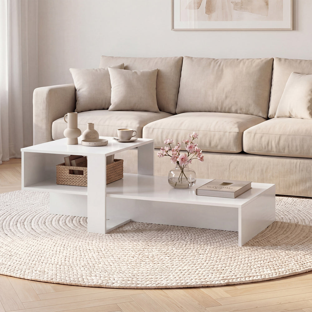 2-Tier Coffee Table Modern Irregular Center Table with Open Storage Shelf-White - Gallery View 1 of 10