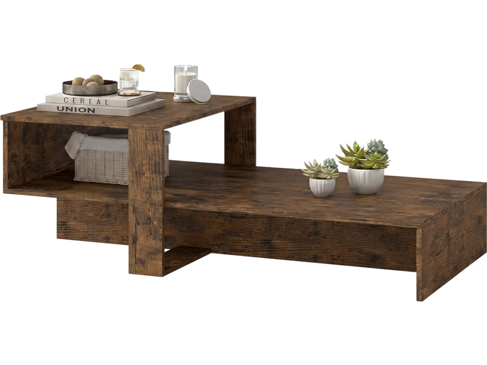 Modern 2-tier coffee table in brown with open storage shelf, perfect for organizing magazines and decor in your living room.
