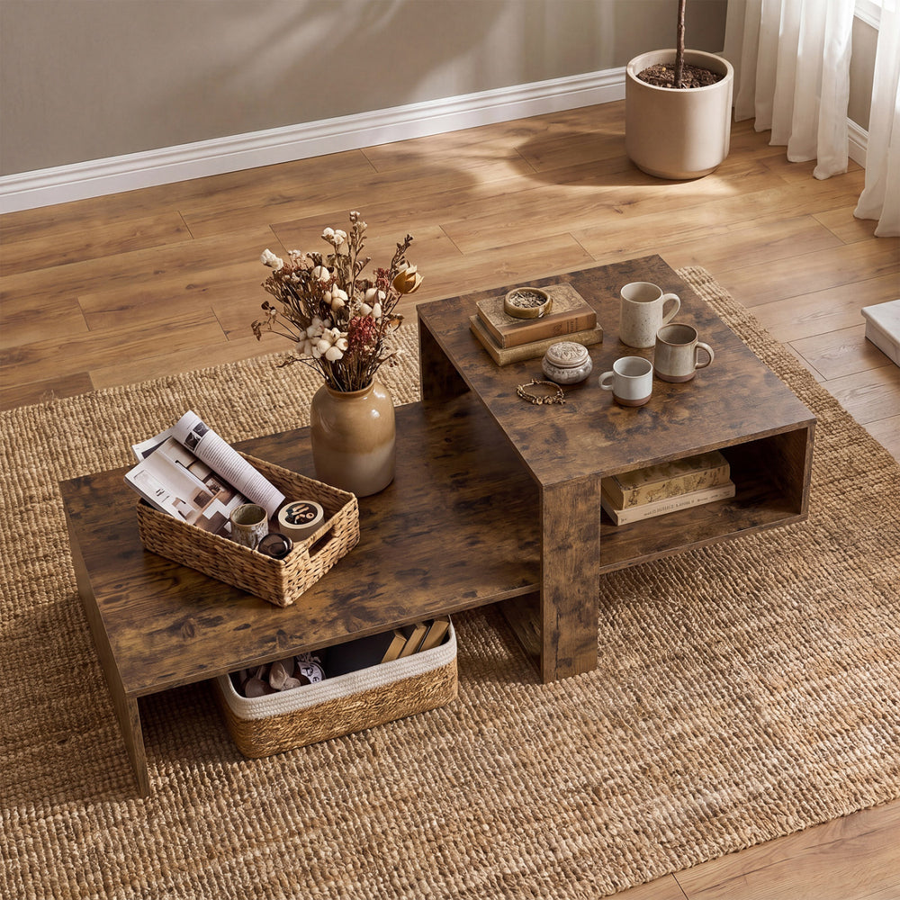 Modern irregular 2-tier coffee table in brown with open storage shelf, perfect for organizing magazines and decor.