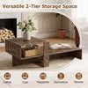Modern irregular 2-tier coffee table in brown with open storage for magazines, cups, and remote controls.