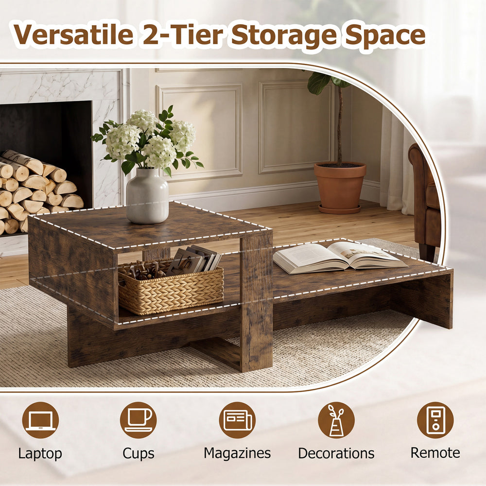 Modern irregular 2-tier coffee table in brown with open storage for magazines, cups, and remote controls.