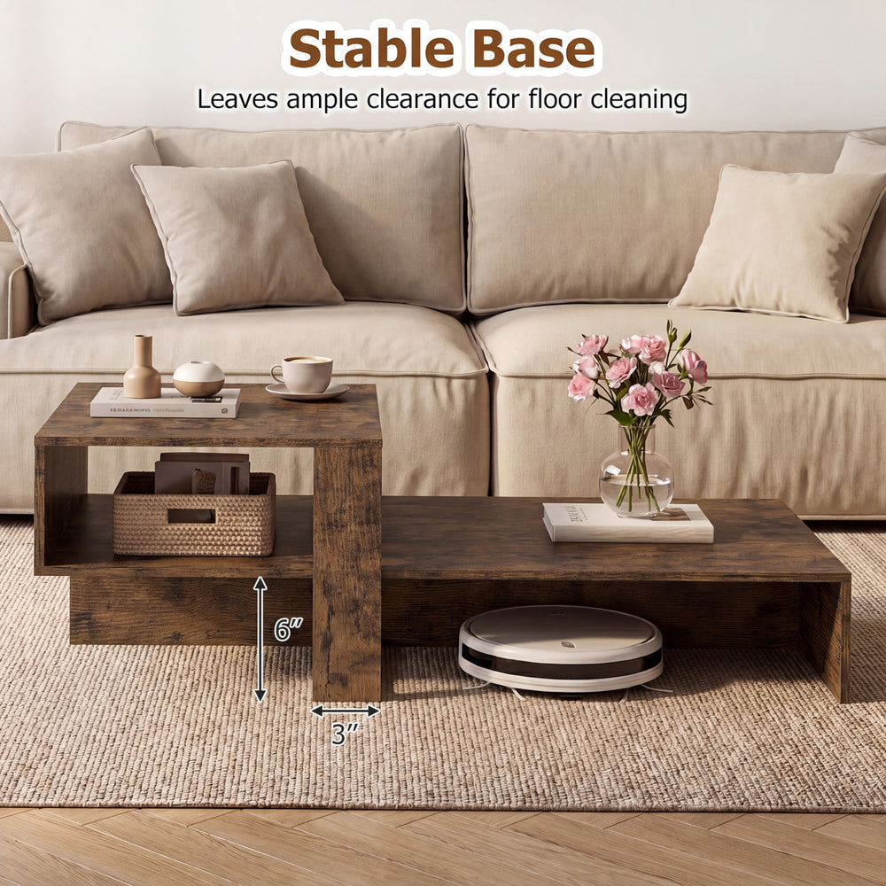 Modern irregular 2-tier coffee table in brown with open storage shelf, perfect for organizing living room essentials.