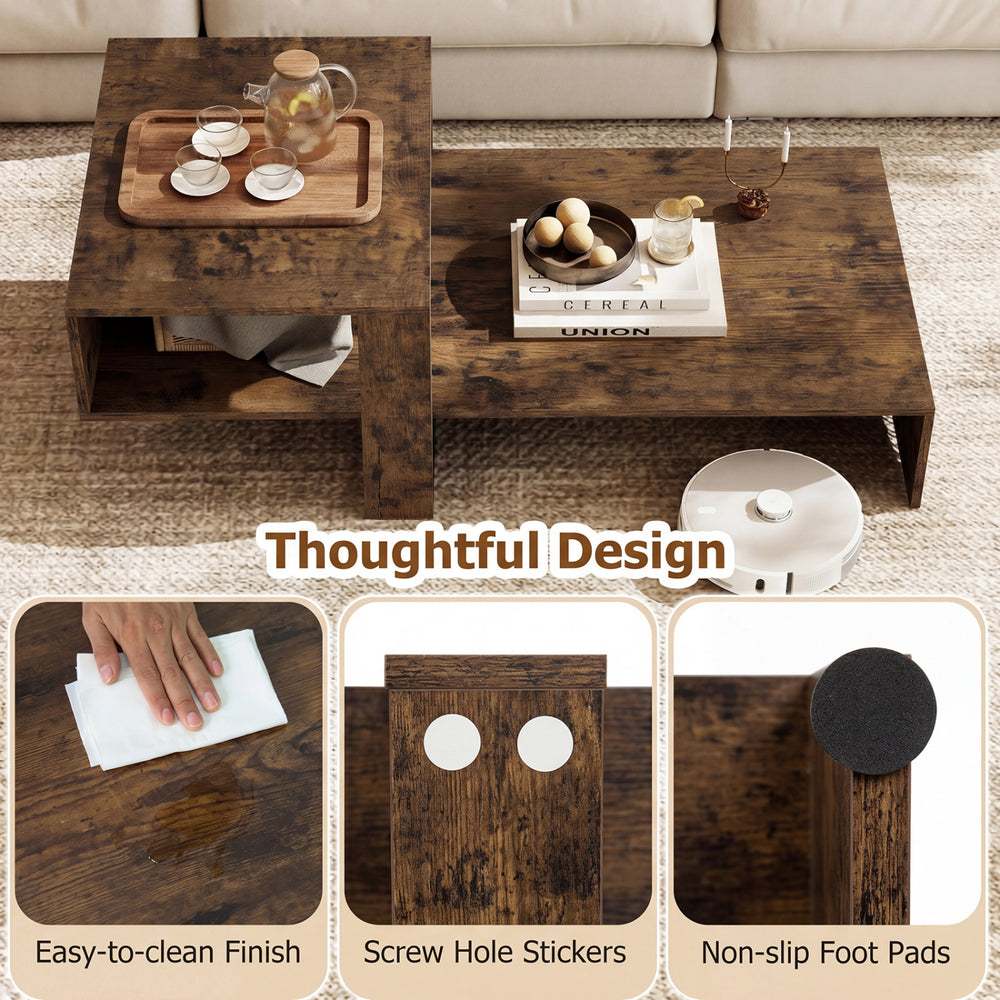 Modern irregular 2-tier coffee table in brown with open storage shelf, easy-to-clean finish, and non-slip foot pads.