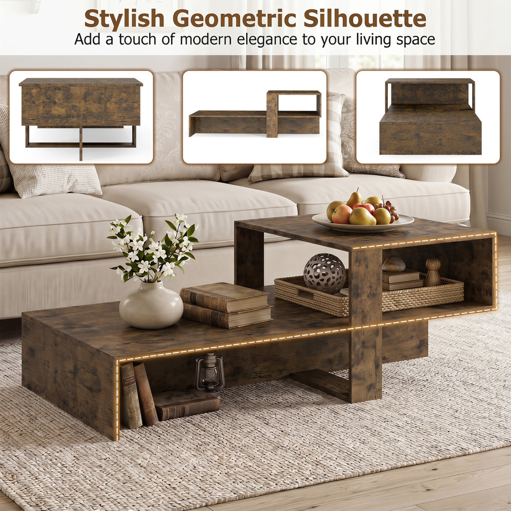 Modern 2-tier coffee table in brown with open storage shelf, perfect for organizing your living space elegantly.