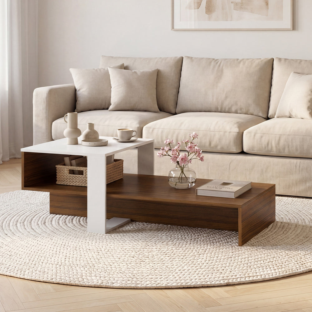 2-Tier Coffee Table Modern Irregular Center Table with Open Storage Shelf-White & Brown - Gallery View 1 of 10