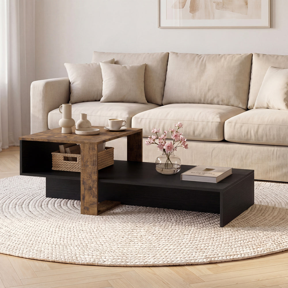 2-Tier Coffee Table Modern Irregular Center Table with Open Storage Shelf-Black & Brown - Gallery View 1 of 10