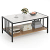 2 Tier coffee table with sintered stone tabletop, faux marble finish, and metal structure for living room organization.