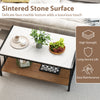 2 Tier coffee table with a white sintered stone tabletop and faux marble texture, ideal for living room organization.