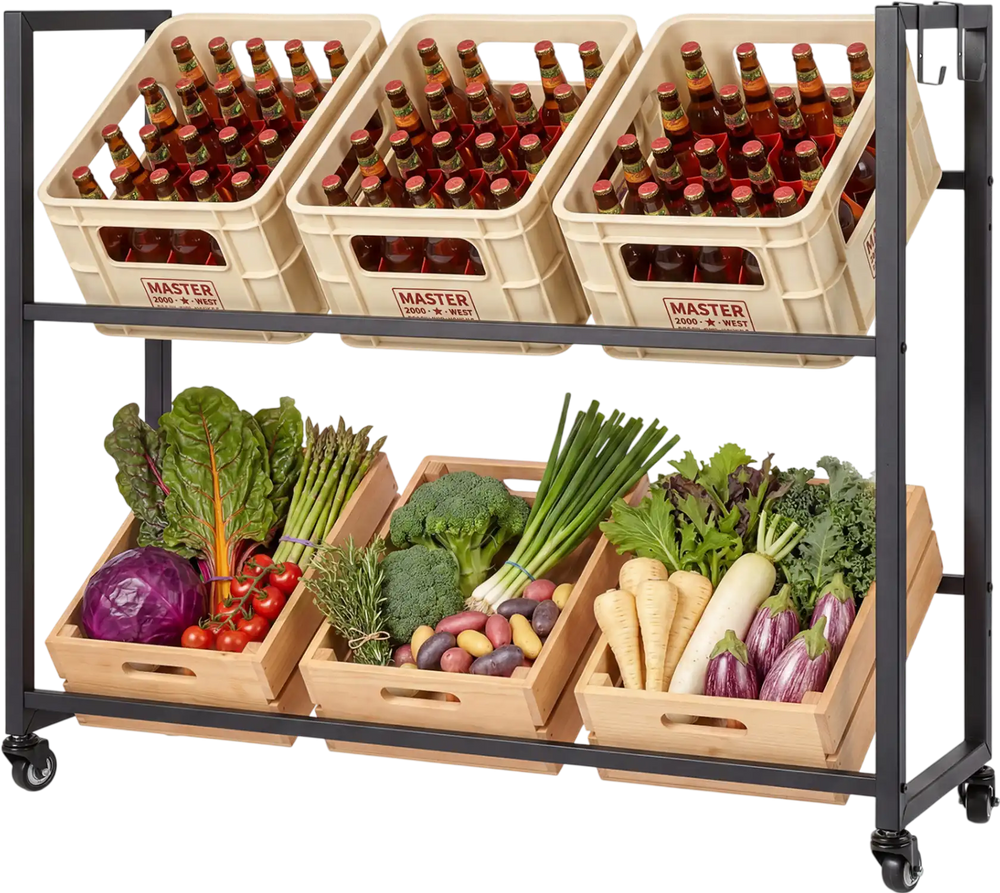 2-tier drink crate rack with 4 wheels, holding crates and vegetables, ideal for kitchen and bar organization.