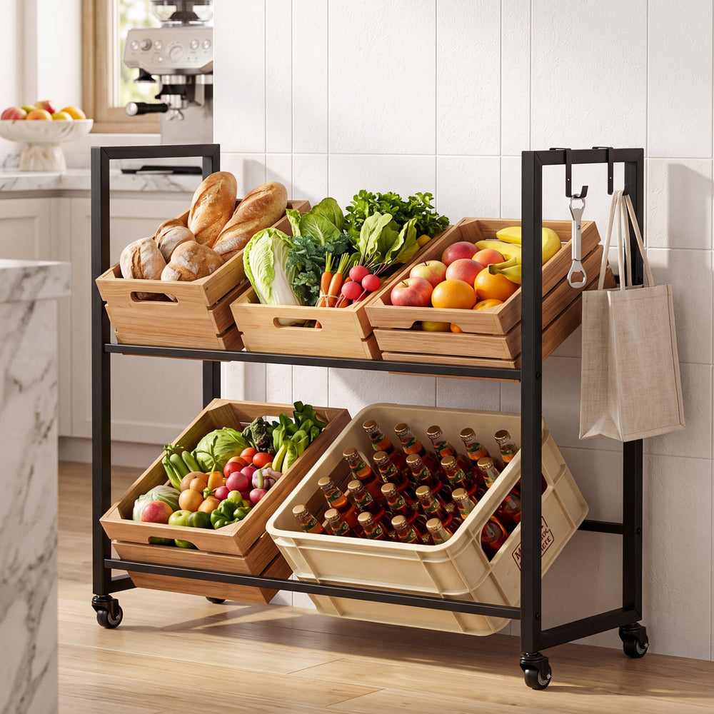 2-tier black drink crate rack with wheels, storing crates and featuring side hooks for openers, ideal for kitchen or.
