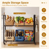 2-tier black drink crate rack with 4 wheels, holding crates and featuring side hooks for storage in kitchen or bar.