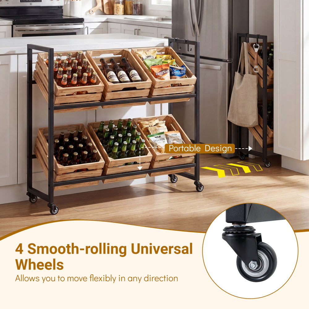 2-tier drink crate rack in black with 4 universal wheels, designed for easy transport and storage of beer and water.
