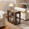 Narrow walnut 2-tier end table with rustic wood grain and open bottom shelf for stylish living room storage.