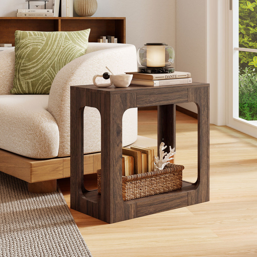 2-tier walnut end table with rustic wood grain, open bottom shelf, perfect for living room storage and style.