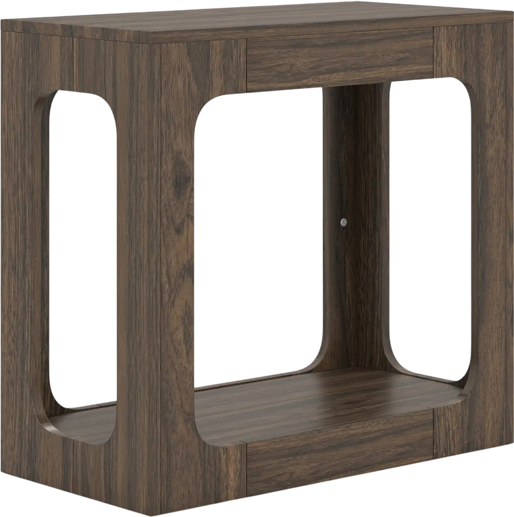 2-tier walnut end table with rustic wood grain, open bottom shelf, and farmhouse design for stylish living room storage.