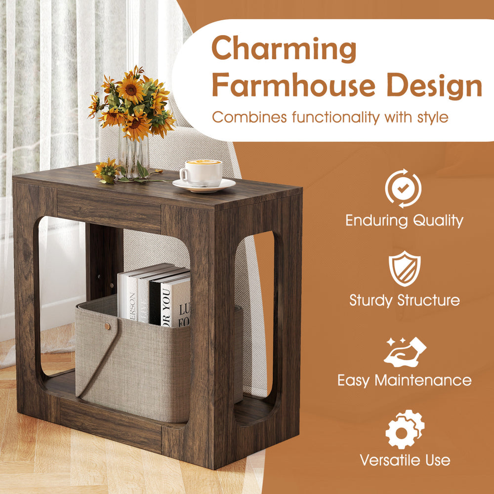 2-tier walnut end table with rustic wood grain, open bottom shelf, perfect for stylish living room storage.