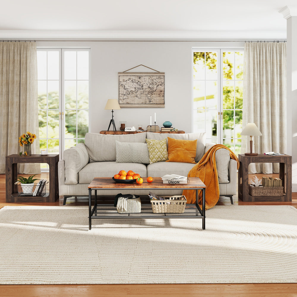 Walnut 2-tier end table with storage shelf, featuring rustic wood grain and farmhouse design, perfect for living room.