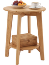 Natural eucalyptus wood side table showcases a round slatted design and a lower storage shelf, ideal for versatile use.