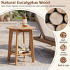 Natural eucalyptus wood side table with slatted tabletop and storage shelf, perfect for outdoor and indoor use.