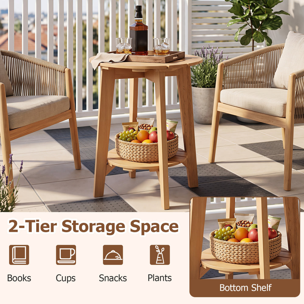 Natural eucalyptus wood side table with slatted tabletop and bottom shelf, perfect for outdoor patio organization.