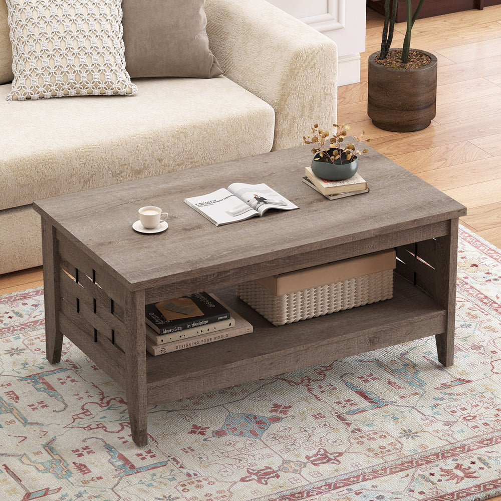 2-Tier Farmhouse Coffee Table with Open Shelf and Woven Decorations for Living Room-Oak - Gallery View 1 of 10