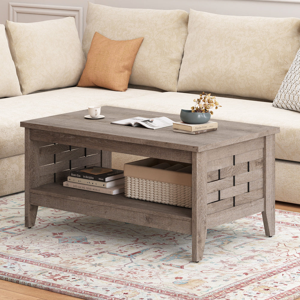 2-tier farmhouse coffee table in oak with a smooth surface, ideal for working or dining in the living room.