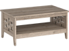 2-tier farmhouse coffee table in oak with woven decorations, featuring a spacious top and open shelf for living room.